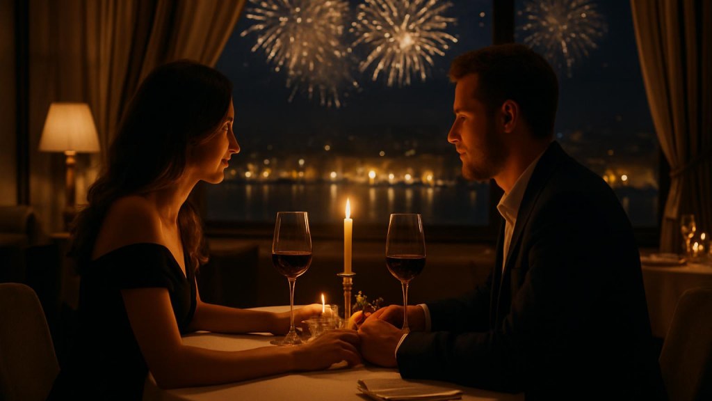 Capodanno romantico a Messina: hotel, cena e idee per coppie Coppia durante una cena romantica di Capodanno