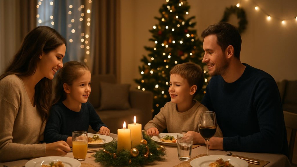 Famiglia con bambini in ambiente accogliente per Capodanno
