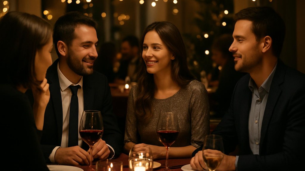 Gruppo di adulti in contesto conviviale per Capodanno